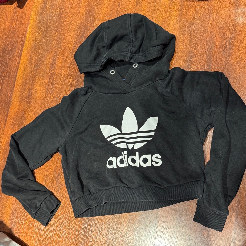 adidas Black Cropped Hoodie with White Trefoil Logo